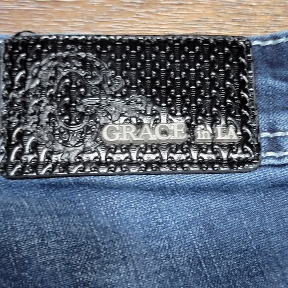 Grace In LA High Waist Denim Jeans w/ Raw Hem Bell Bottoms & Bling - Size 28 - Picture 7 of 10